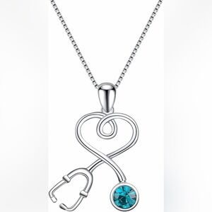 Sterling Silver Stethoscope Heart Necklace with Blue Crystal